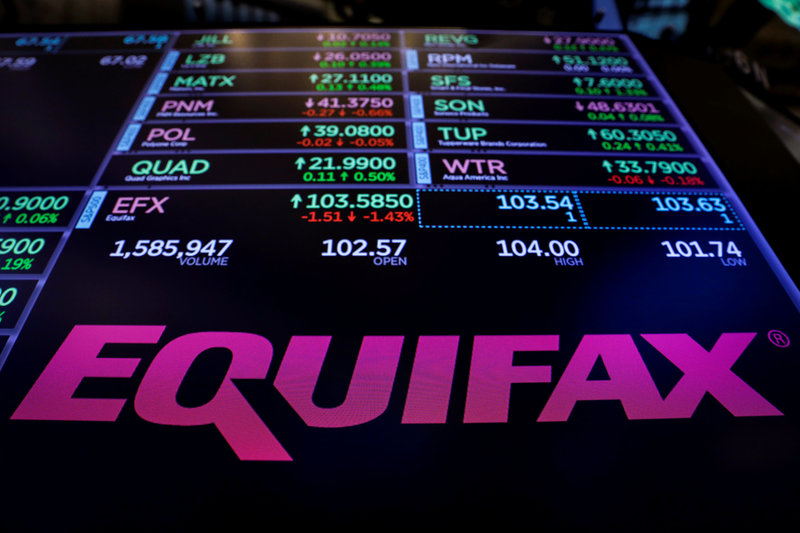 The logo and trading information for Credit reporting company Equifax Inc. are displayed on a screen on the floor of the NYSE in New York