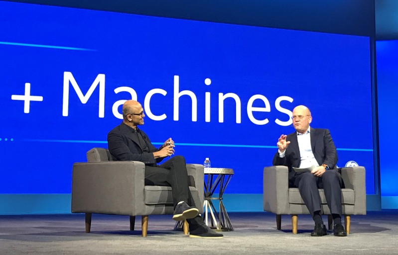 Microsoft Chief Executive Officer Satya Nadella and General Electric Chief Executive Officer John Flannery speak at GEÕs Minds + Machines conference in San Francisco