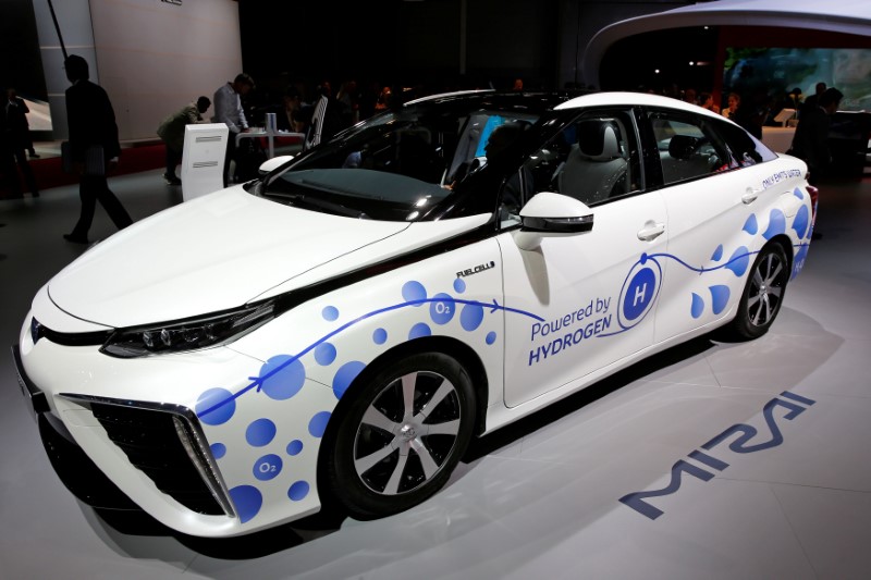 FILE PHOTO - The Toyota Mirai, an hydrogen fuel cell vehicle, is displayed on media day at the Paris auto show, in Paris