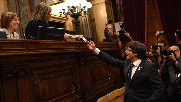 Catalan President Carles Puigdemont casts his vote for independence from Spain at the Catalan Government building Generalitat de Catalunya on October 27, 2017 in Barcelona, Spain.