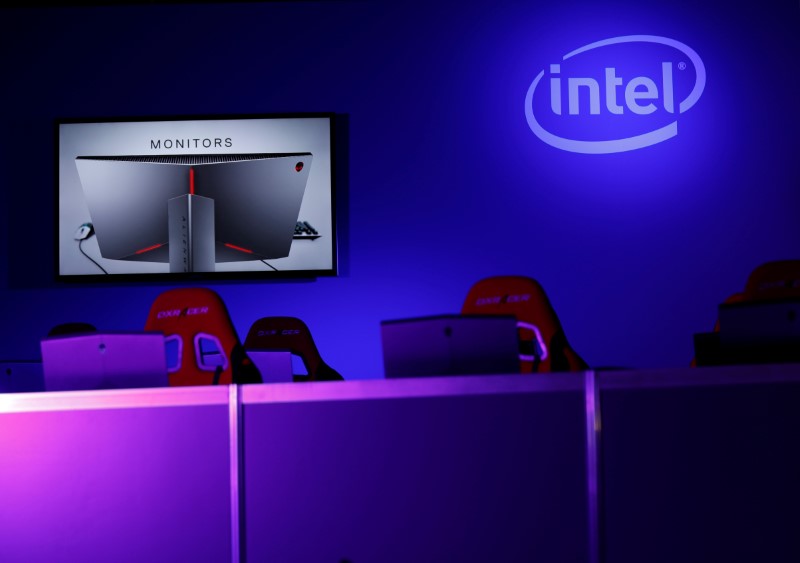 Intel's logo is pictured at Tokyo Game Show 2017 in Chiba