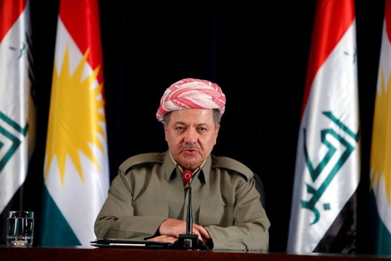 FILE PHOTO - Iraqi Kurdish president Barzani speaks during a news conference in Erbil