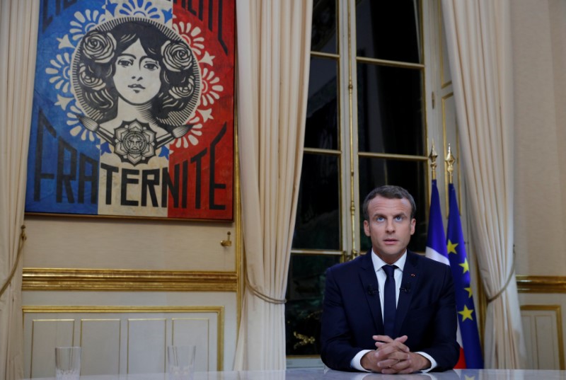 French President Emmanuel Macron is seen before his first long live television interview on prime time at the Elysee Palace in Paris