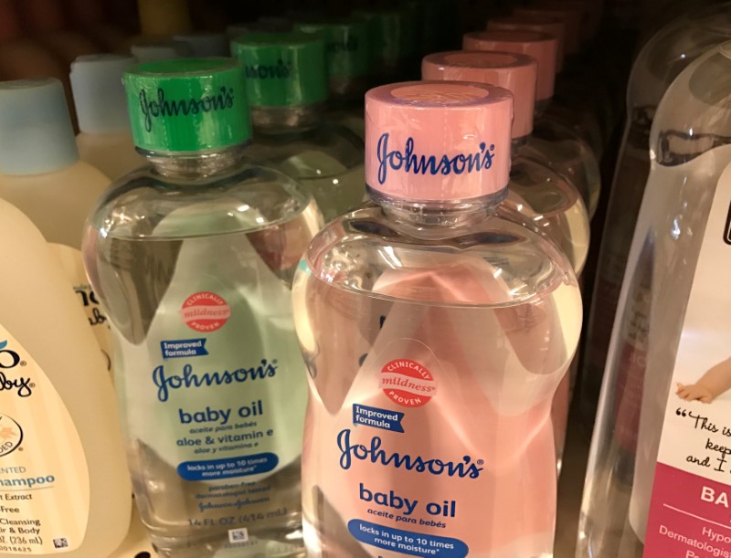 FILE PHOTO: Bottles of Johnson's baby oil, made by Johnson & Johnson, are seen on a supermarket shelf in Seattle