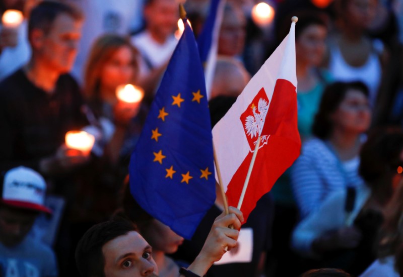 Man hold flags in front of the Supreme Court during a protest against the Supreme Court legislation in Warsaw