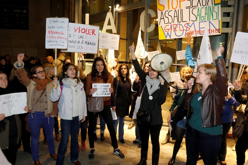 Feminist protesters gather outside the Cinematheque Francaise to demonstrate upon the appearance of director Roman Polanski at an event organised by Cinematheque Francaise in Paris