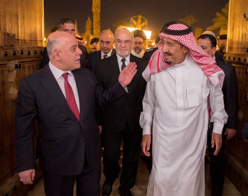 Saudi Arabia's King Salman bin Abdulaziz Al Saud welcomes Iraqi Prime Minister Haider Al-Abadi in Riyadh