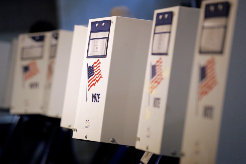 Voting booths are seen during the New York primary elections at a polling station in the Brooklyn borough of New York