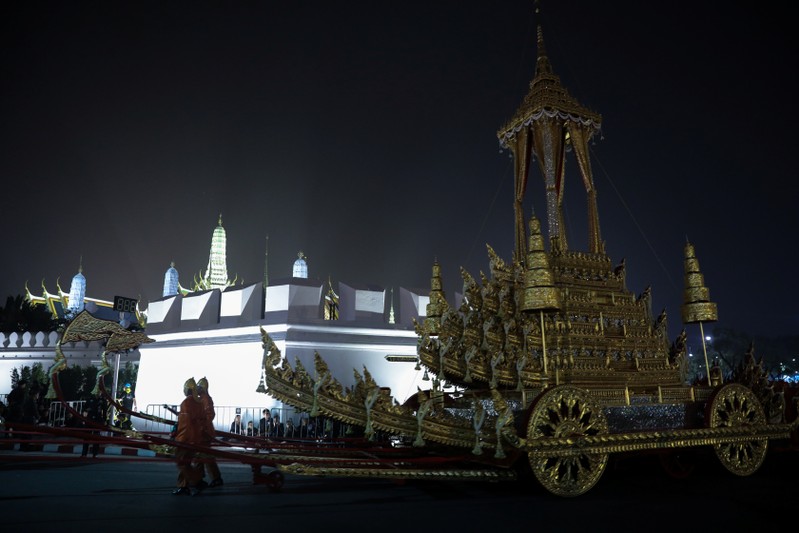 The Great Victory Royal Chariot is pulled by Thai army officials dressed in ancient uniforms in preparation for the Royal Cremation ceremony of Thailand’s late King Bhumibol Adulyadej near the Grand Palace in Bangkok