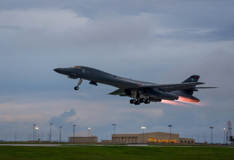 Handout photo of a U.S. Air Force B-1B Lancer takes-off to fly a bilateral mission with Japanese and South Korea Air Force jets in the vicinity of the Sea of Japan from Anderson AFB in Guam
