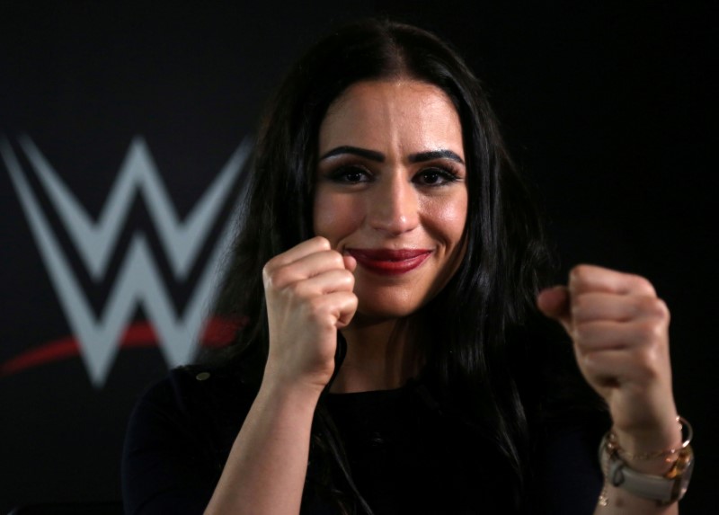 Shadia Bseiso, who was signed by World Wrestling Entertainment Inc. as its first female performer from the Arab world, gestures during an interview with Reuters in Dubai