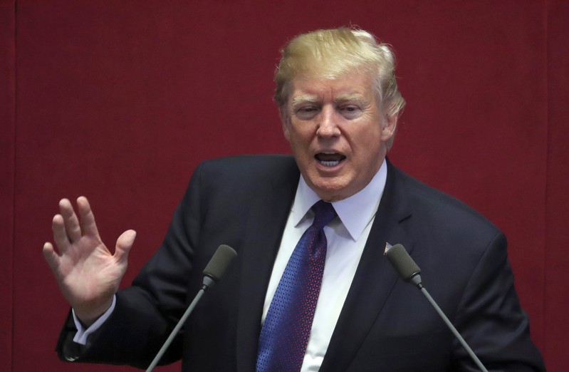 FILE PHOTO: U.S. President Donald Trump delivers his speech at the National Assembly hall in Seoul