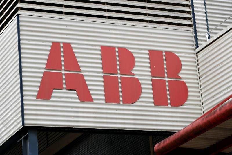 A logo is pictured on the ABB Secheron building in Meyrin near Geneva