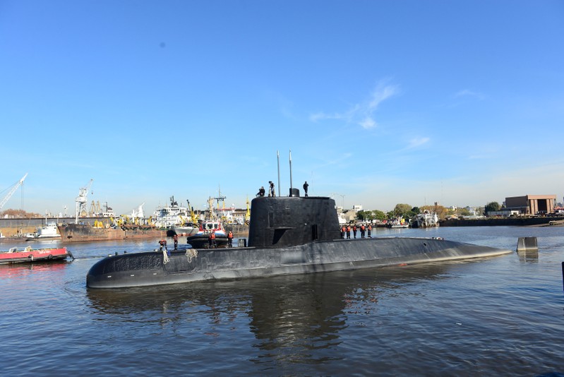 The Argentine military submarine ARA San Juan and crew are seen leaving the port of Buenos Aires