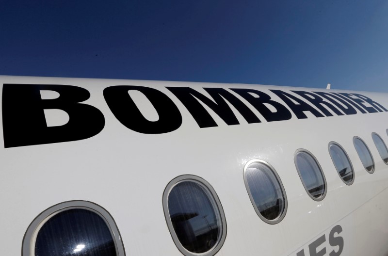 A Bombardier CSeries aircraft is pictured during a news conference to announce a partnership between Airbus and Bombardier on the C Series aircraft programme, in Colomiers near Toulouse