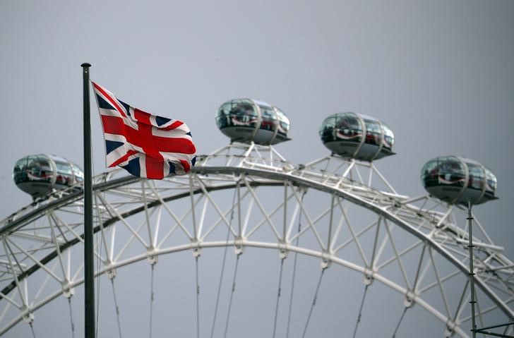 A Union Jack flag flies above the London Eye in London