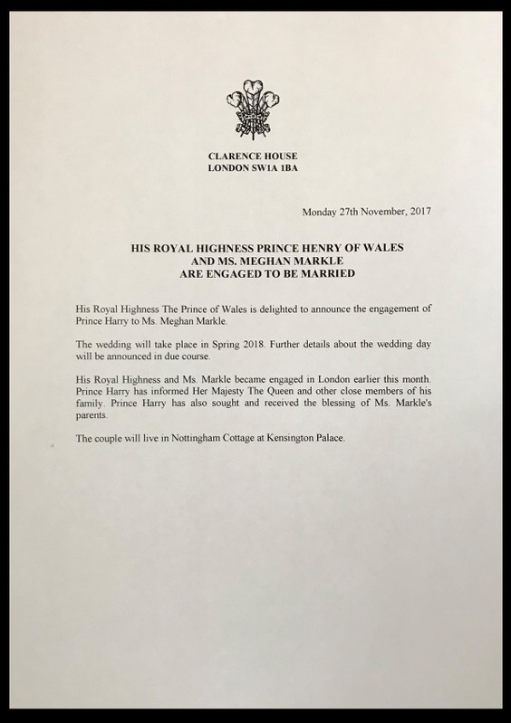 The official statement letter released by Britain's Prince Charles announcing the engagement of his son Prince Harry to Meghan Markle is pictured in London
