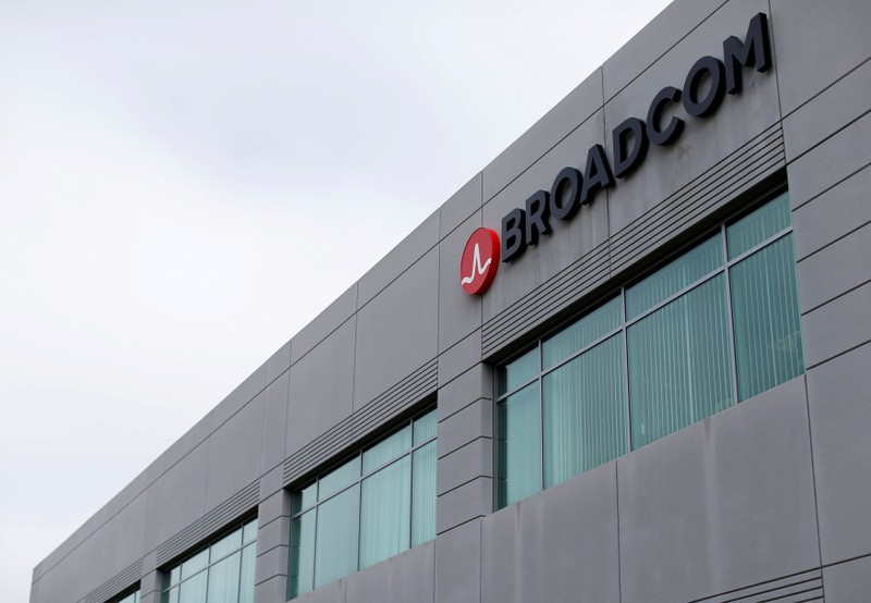 FILE PHOTO: Broadcom Limited company logo is pictured on an office building in Rancho Bernardo, California