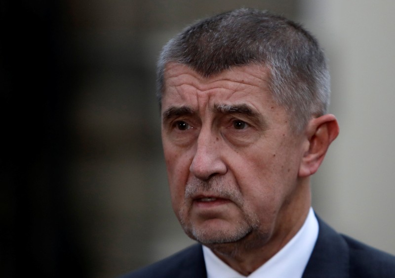 The leader of ANO party Andrej Babis speaks to the media in front of the Lany chateau after meeting with President Milos Zeman in the village of Lany near Prague