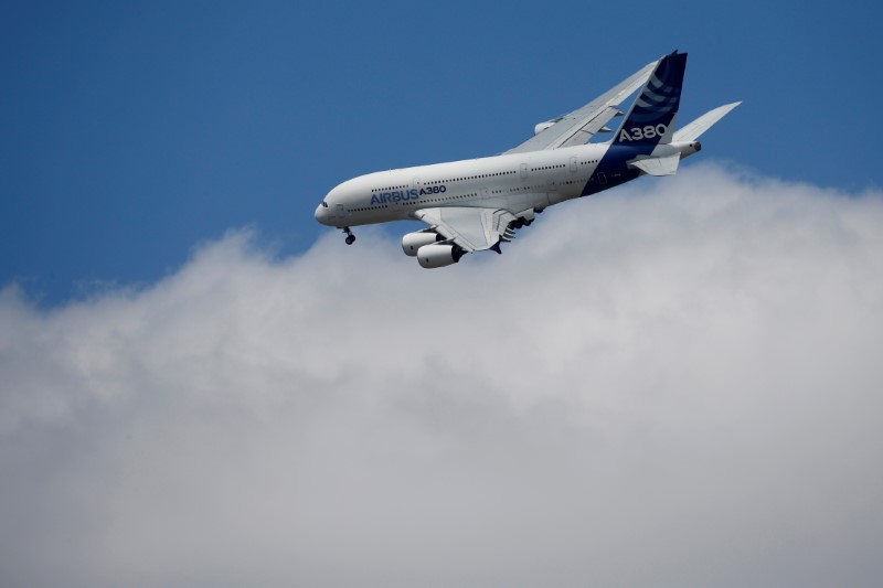 An Airbus A380 is taking part in a flying display during the 52nd Paris Air Show at Le Bourget Airport near Paris