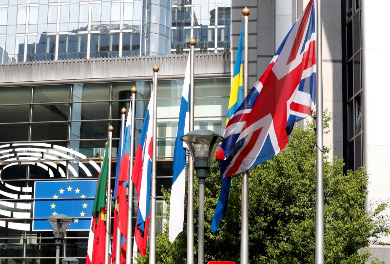 A British flag flies at the entrance of the European Parliament in Brussels