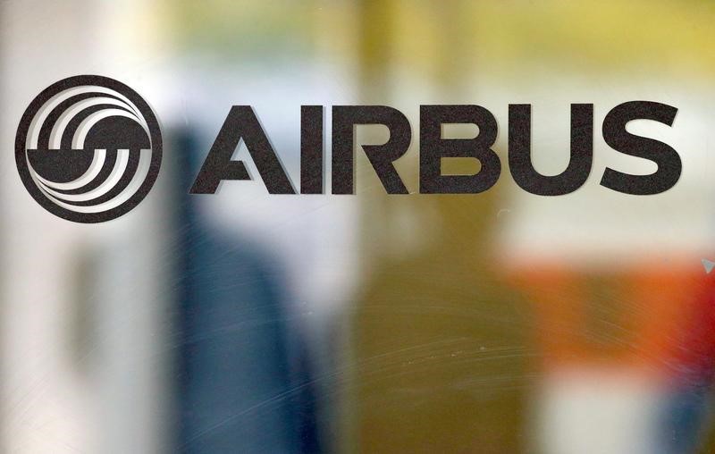 The logo of Airbus is pictured at the company's headquarters in Colomiers near Toulouse