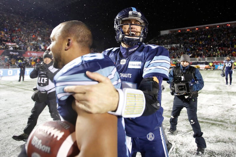 Argonauts quarterback Ray celebrates after defeating the Stampeders Grey Cup in Ottawa