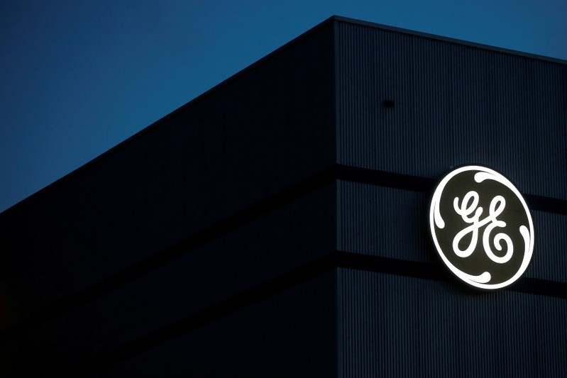 FILE PHOTO - The General Electric logo is pictured on the General Electric offshore wind turbine plant in Montoir-de-Bretagne