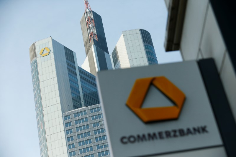 A Commerzbank logo is pictured before the bank's annual news conference in Frankfurt