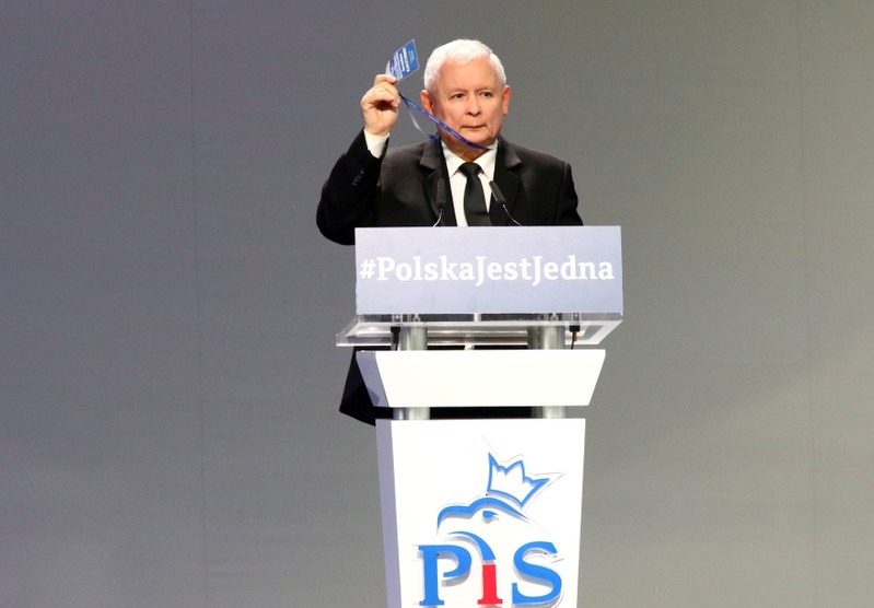 FILE PHOTO: Leader of ruling party Jaroslaw Kaczynski gestures during a Law and Justice party congress in Przysucha