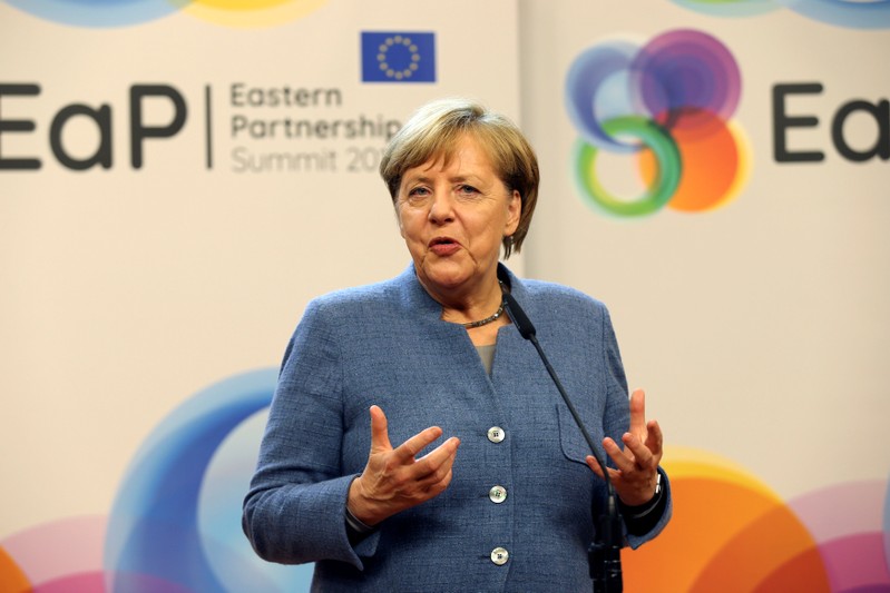 German Chancellor Angela Merkel holds a news conference after a Eastern Partnership summit, in Brussels