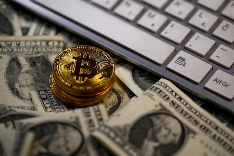 FILE PHOTO: Bitcoin (virtual currency) coins placed on Dollar banknotes are seen in this illustration picture