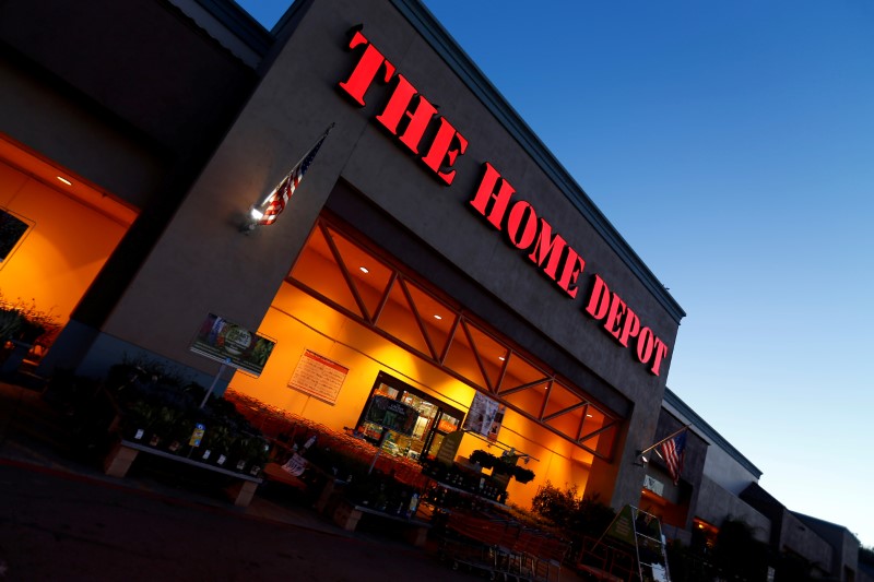 The logo of Down Jones Industrial Average stock market index listed company Home Depot is seen in Encinitas, California