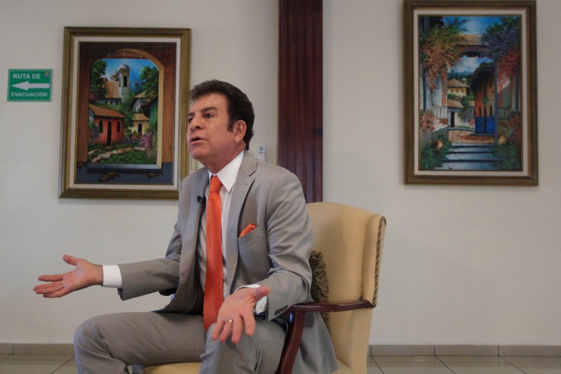 Nasralla speaks during an interview with Reuters at a hotel in Tegucigalpa