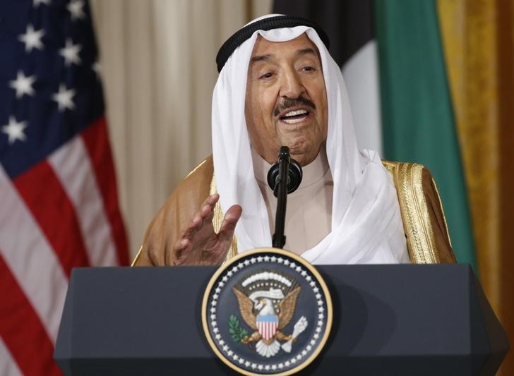 FILE PHOTO: Kuwait's Emir Sheikh Sabah Al-Ahmad Al-Jaber Al-Sabah addresses joint news conference with U.S. President Trump at the White House in Washington