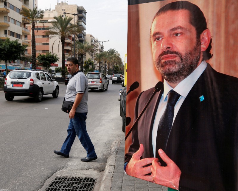A poster depicting Saad al-Hariri, who has resigned as Lebanon's prime minister is seen in Beirut