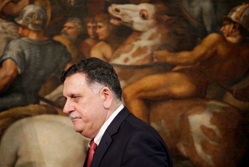 Libyan Prime Minister Fayez al-Sarraj arrives to attend a news conference with his Italian counterpart Gentiloni at Chigi Palace in Rome