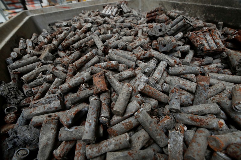 Pyrolised Lithium-ion accus of laptops, smartphones and accu-powered craftsmen tools are pictured at the German recycling firm Accurec in Krefeld