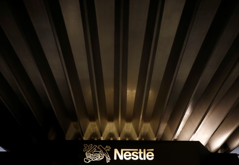 A Nestle logo is pictured on the company headquarters in Vevey