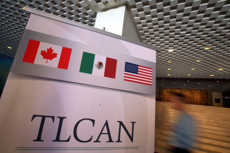 A NAFTA banner is seen during the fifth round of NAFTA talks involving the United States, Mexico and Canada, in Mexico City