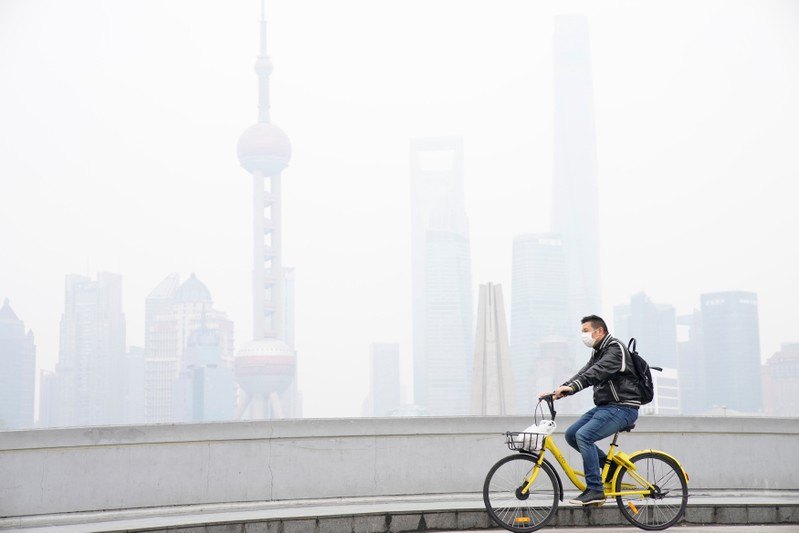 FILE PHOTO: A man wearing a face mask rides a bicycle on a bridge in front of the financial district of Pudong covered in smog during a polluted day in Shanghai