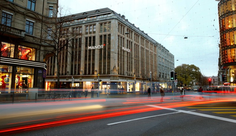 Longtime exposure shows traffic in front of the Manor department store in Zurich