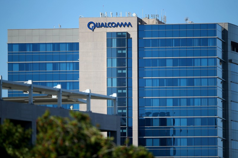 FILE PHOTO - The Qualcomm logo is seen on one of its buildings in San Diego, California