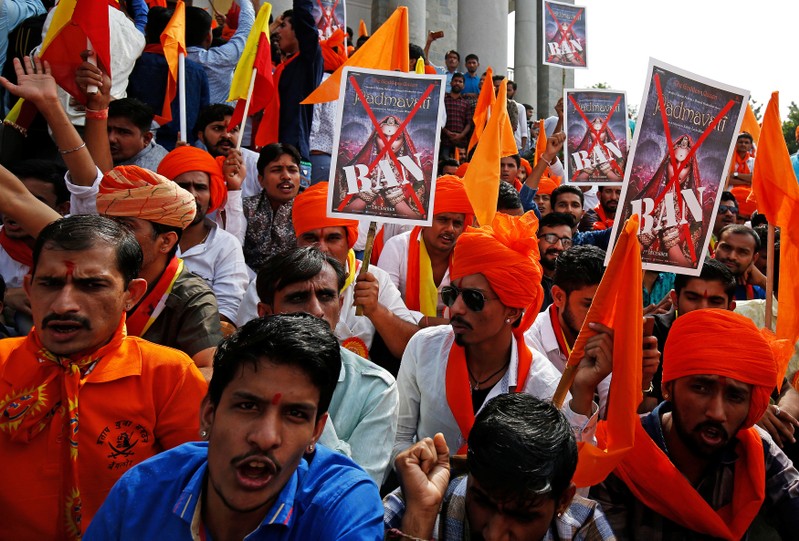 Demonstrators chant slogans as they protest against the release of the upcoming Bollywood movie 'Padmavati' in Bengaluru
