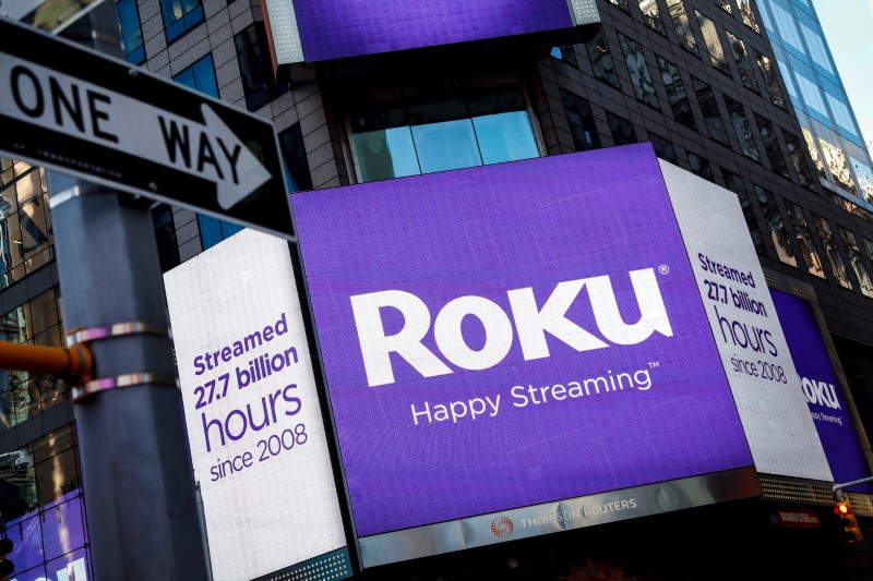A video sign displays the logo for Roku Inc, a Fox-backed video streaming firm, in Times Square after the company's IPO at the Nasdaq Market in New York