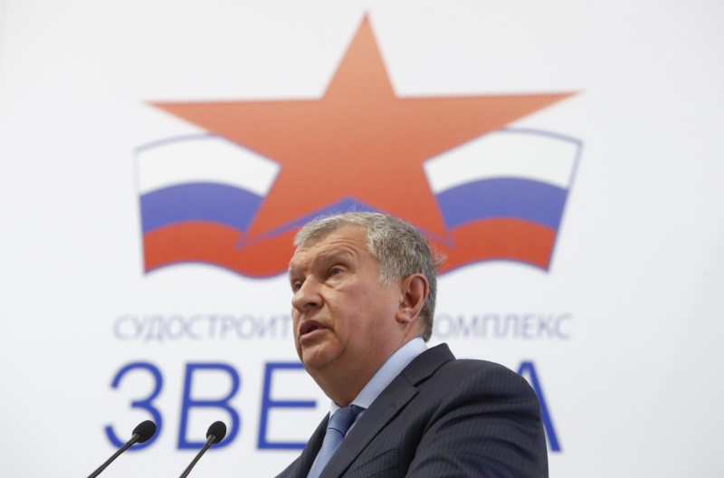 Rosneft Chief Executive Sechin delivers a speech at the Zvezda shipyard in the far eastern town of Bolshoy Kamen