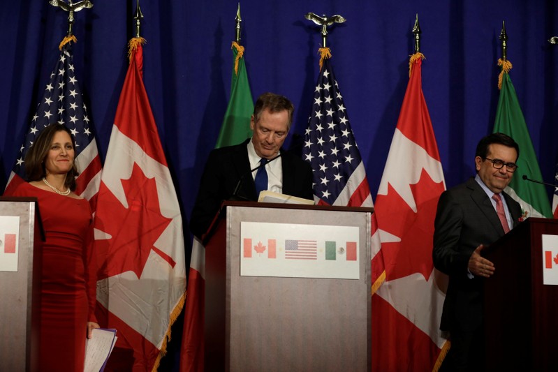 Canadian Foreign Affairs Minister Chrystia Freeland, U.S. Trade Rep Robert Lighthizer and Mexican Secretary of Economy Ildefonso Guajardo Villarreal make statements to the media