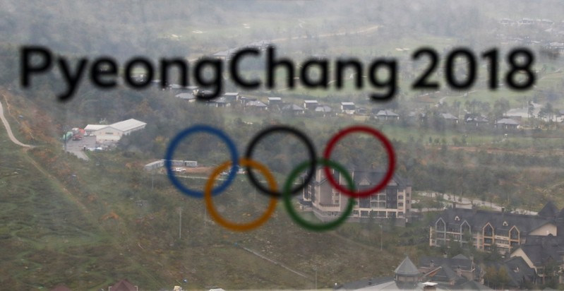 FILE PHOTO: The PyeongChang 2018 Winter Olympic Games logo is seen at the the Alpensia Ski Jumping Centre in Pyeongchang