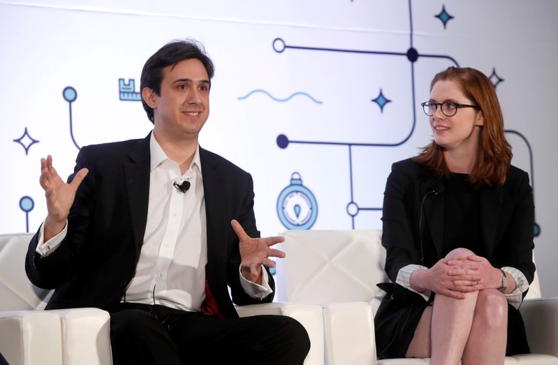 Tezos co-founder and CTO Arthur Breitman and his wife and co-founder Kathleen Breitman respond to questions during the Money 20/20 conference in Las Vegas
