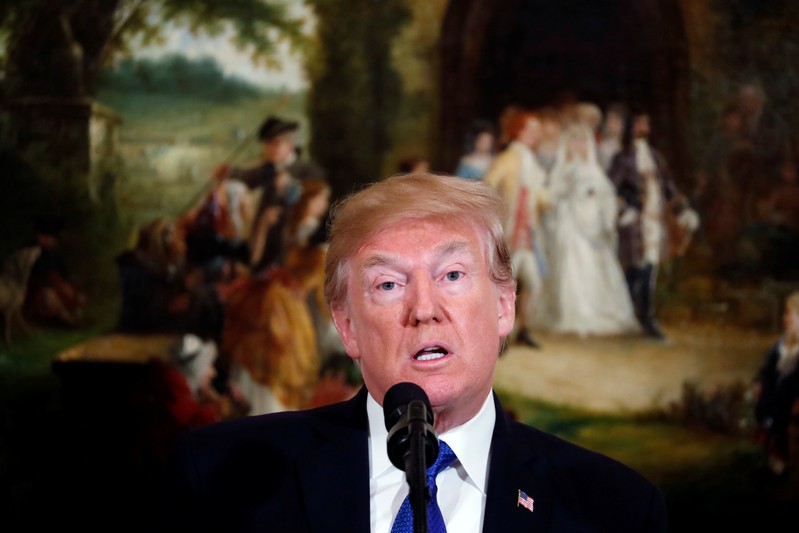 U.S. President Donald Trump delivers remarks to U.S. and Japanese business leaders at the U.S. ambassador's residence in Tokyo